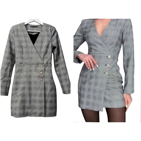 Zara Plaid Blazer Mini Dress Women's Size XS Jeweled Buttons L/S Faux Wrap Style - Picture 4 of 16